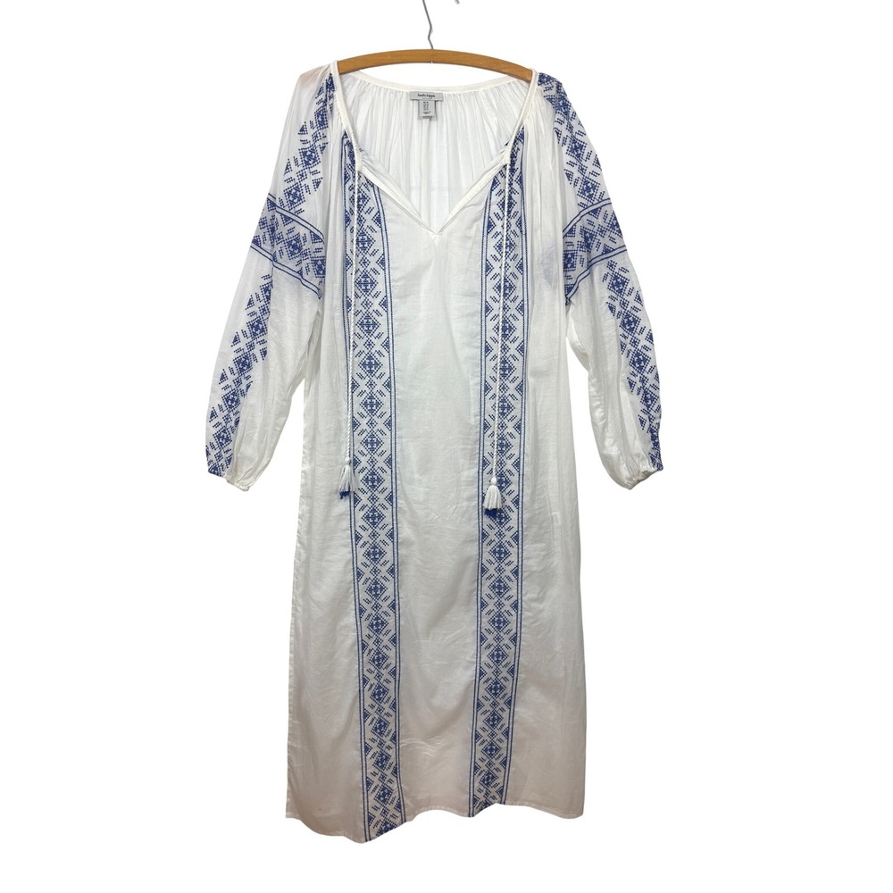Haute Hippie Style White Blue Embroidered Cotton Tassel Boho Midi Dress Medium
